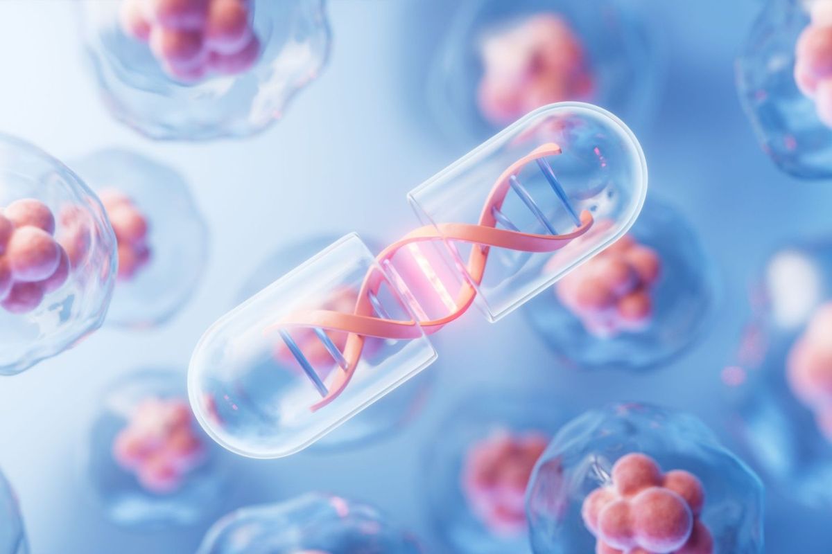 Biotech therapy capsule containing DNA strand surrounded by cells.