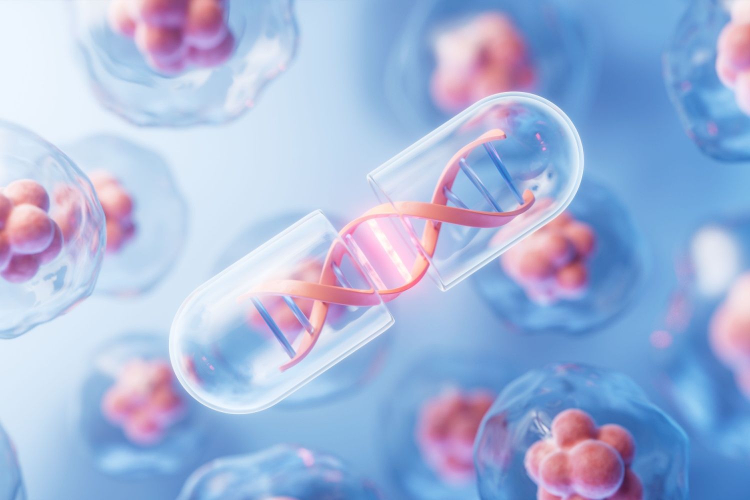 Biotech therapy capsule containing DNA strand surrounded by cells.