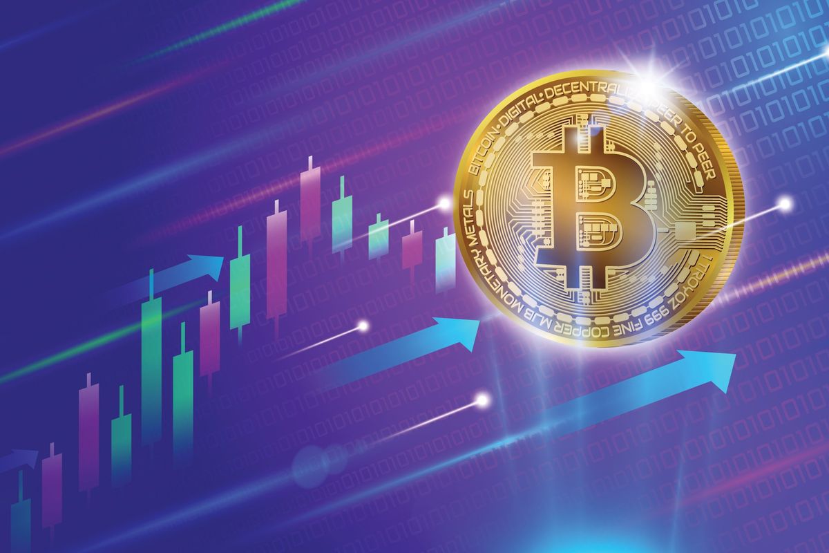 Bitcoin and upward trending stock charts.