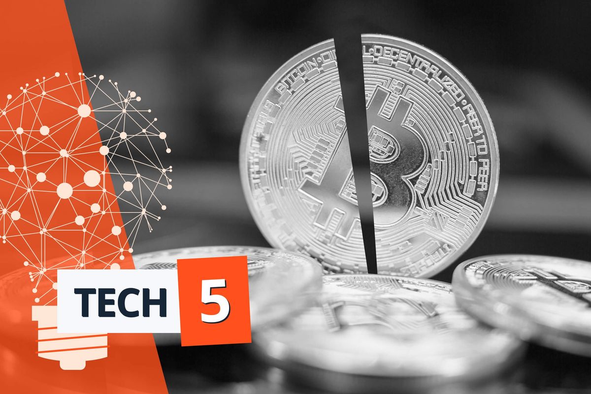 Bitcoin being split in half.