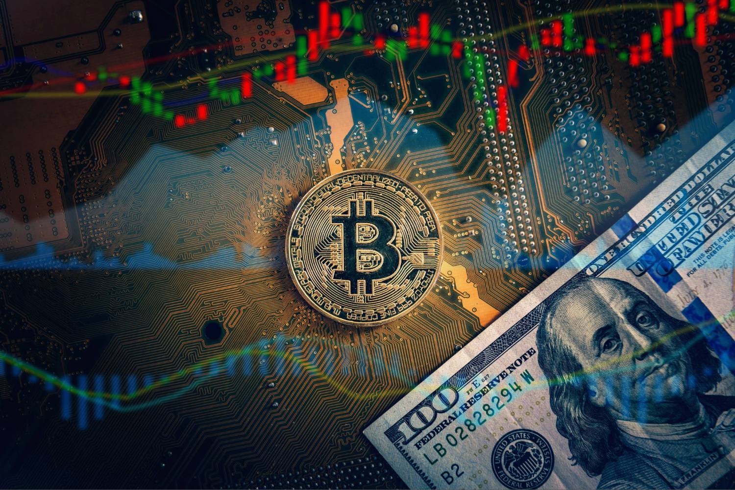 Bitcoin coin and a US$100 bill on a circuit board with stock market graph overlays.