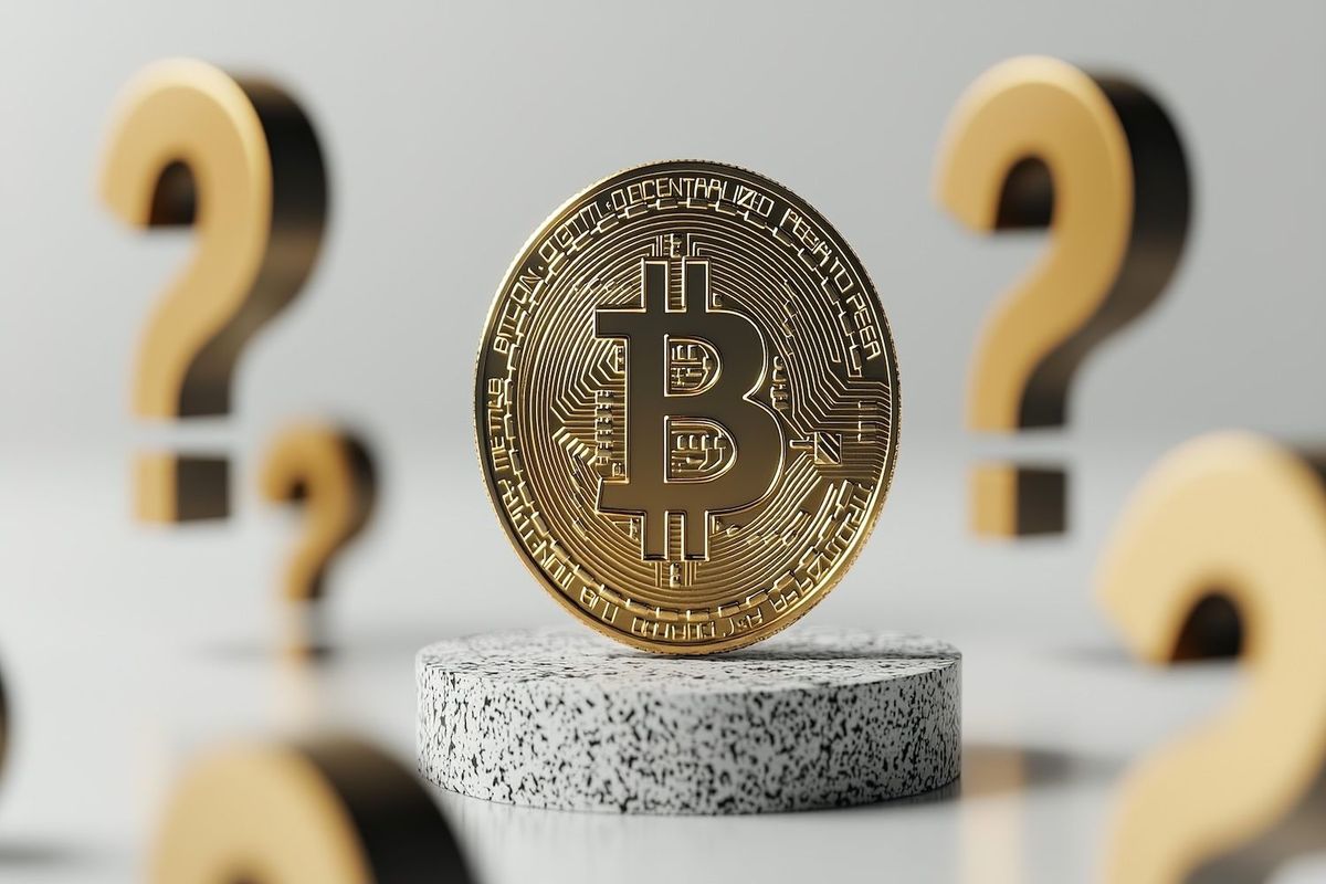 Bitcoin coin on a pedestal surrounded by question marks, symbolizing uncertainty.