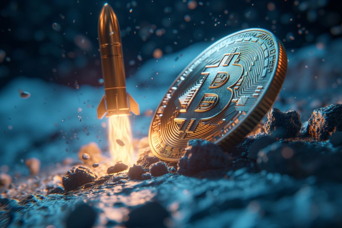 Bitcoin coin on rocky ground with a rocket launching nearby.
