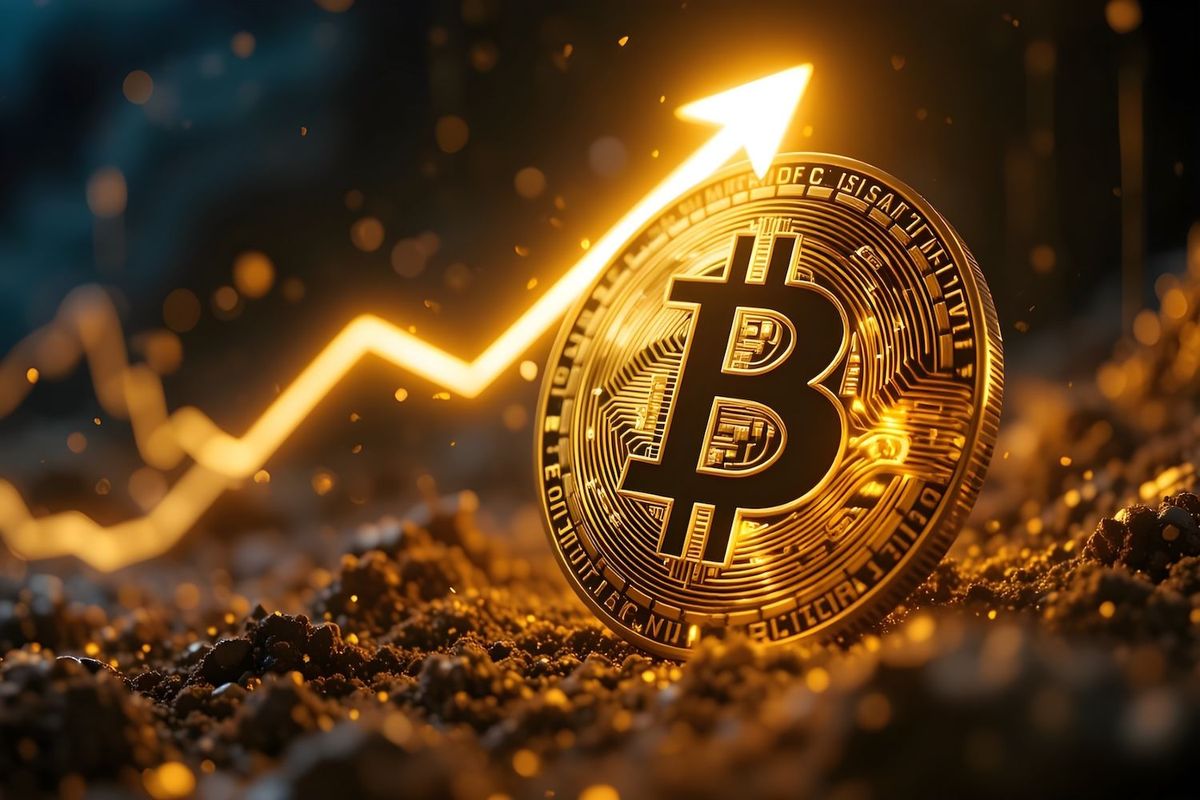 Bitcoin coin with upward arrow, symbolizing increase and growth in a digital landscape.