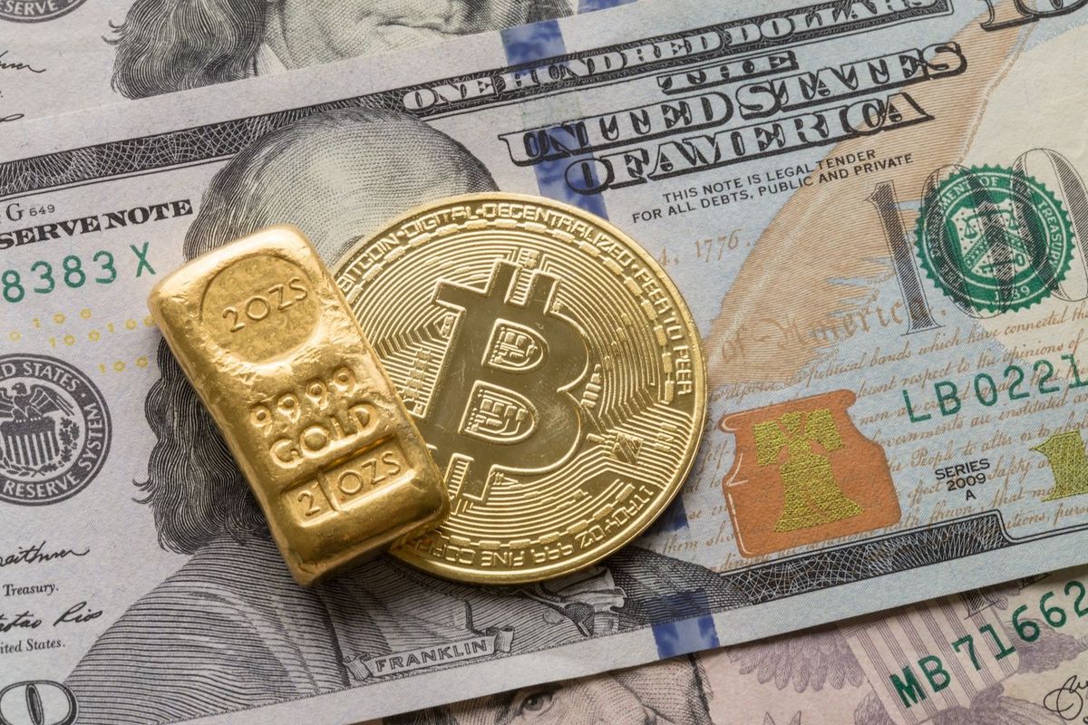 Bitcoin, gold and US money.