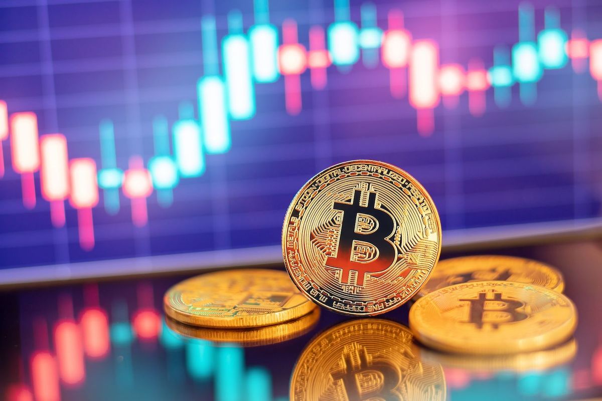 Bitcoin in front of a stock chart.