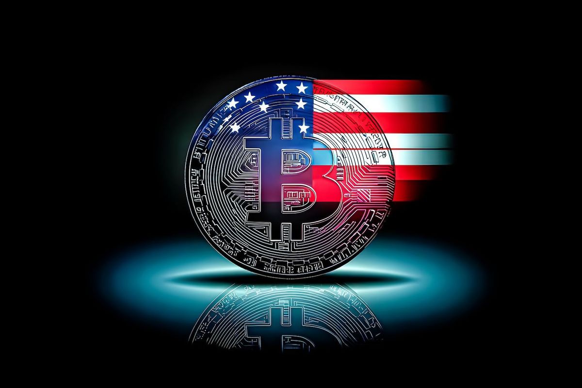 Bitcoin in front of US flag.