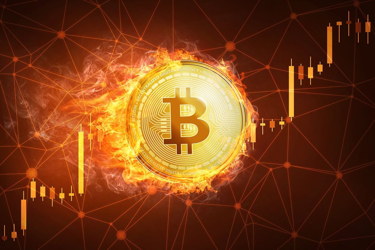 Bitcoin on fire with a price chart going up.