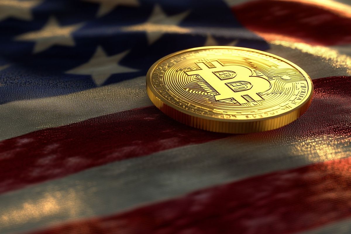 Bitcoin on top of a US flag.