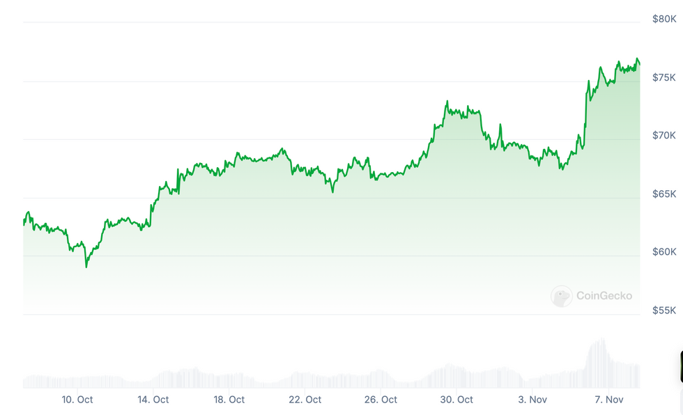 Bitcoin performance, October 10 to November 7, 2024.