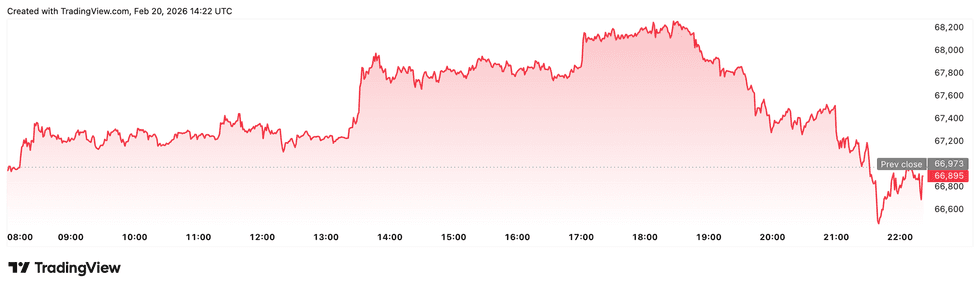 Bitcoin price performance, February 20, 2026.