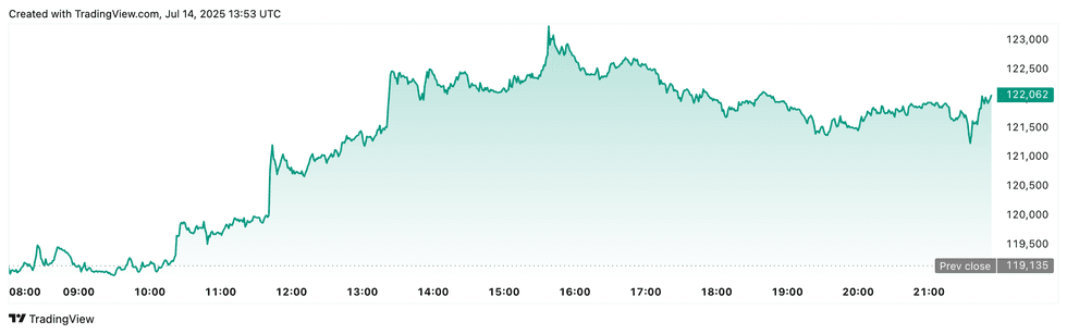 Bitcoin price performance, July 14, 2025.