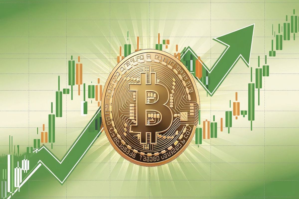 Bitcoin symbol over rising stock chart with green arrow.
