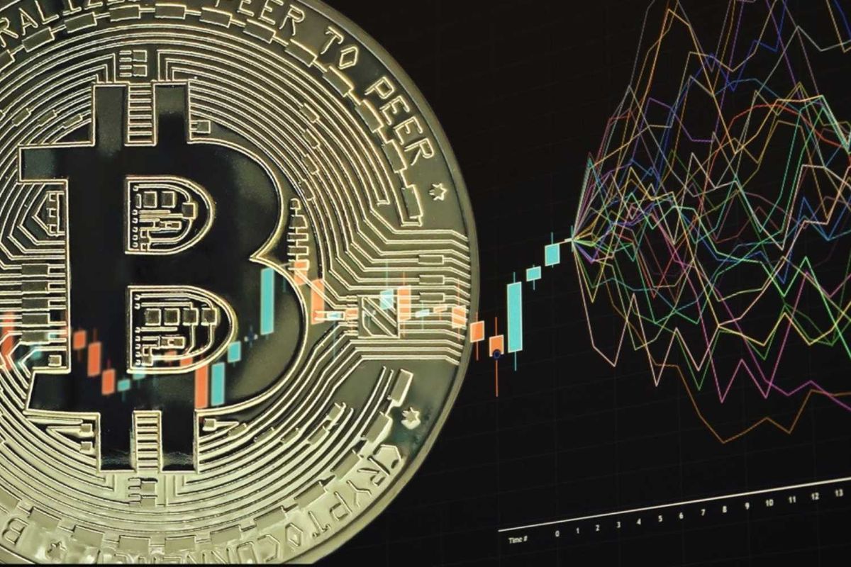Bitcoin symbol overlaid on colorful financial graphs and candlestick charts.