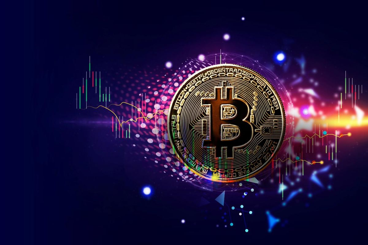 Bitcoin symbol with colorful digital graphs and glowing lines on a dark background.