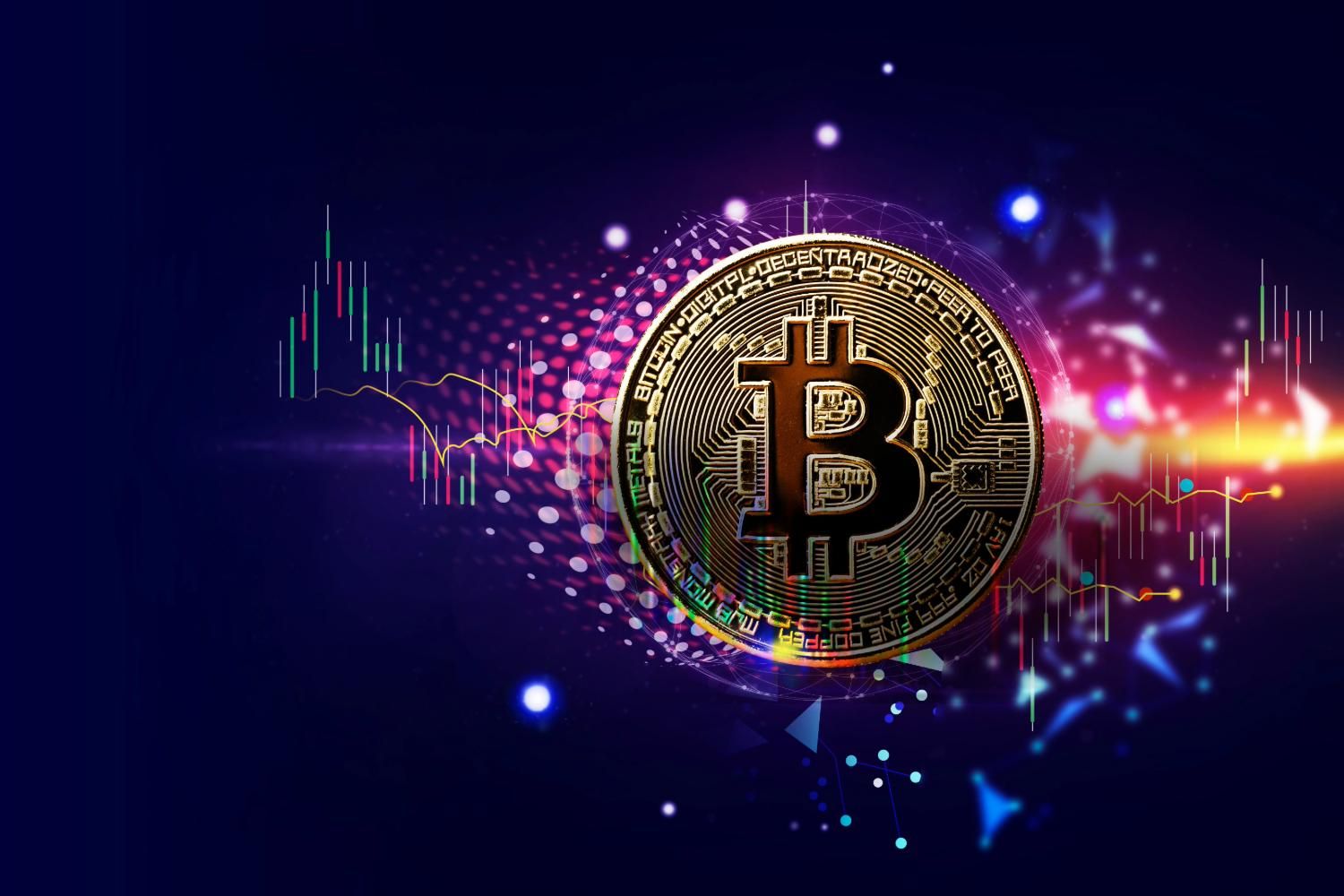 Bitcoin symbol with colorful digital graphs and glowing lines on a dark background.