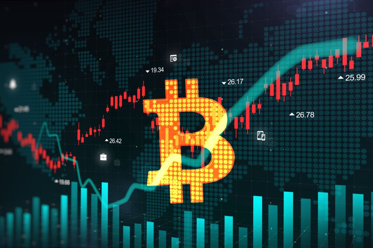 Bitcoin symbol with green bar chart.