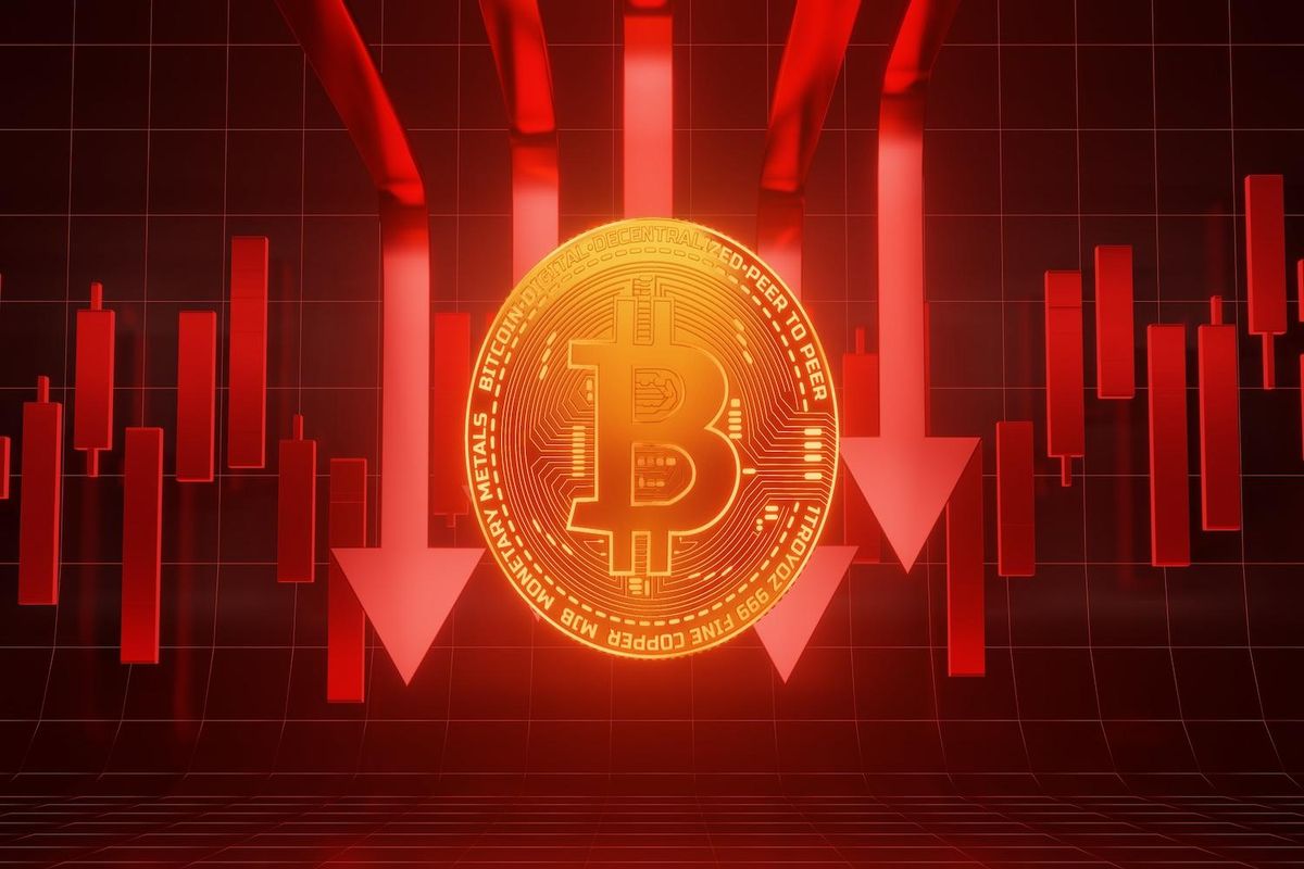 Bitcoin symbol with red arrows and bars indicating a market decline.