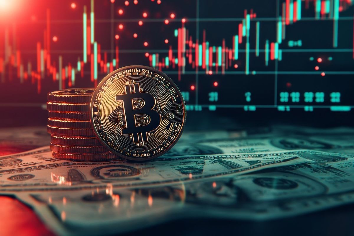 Bitcoin tokens on dollar bills with stock chart in the background.