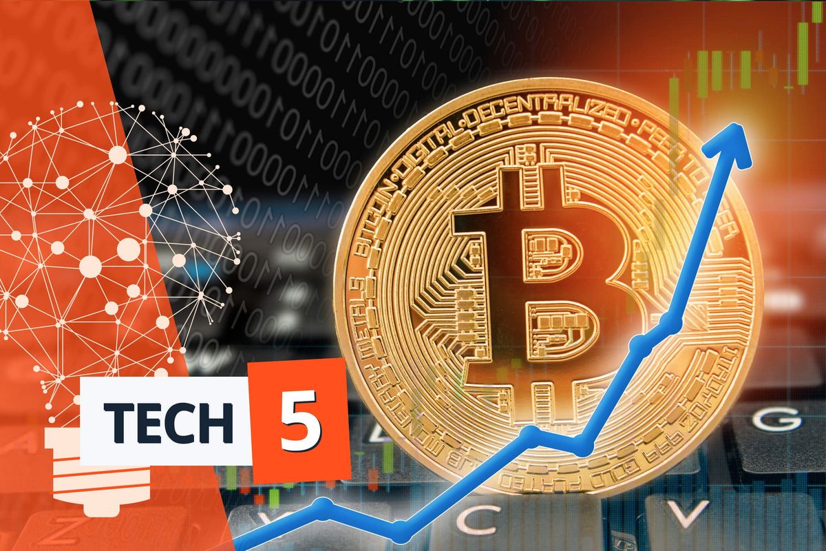 bitcoin with blue up arrow