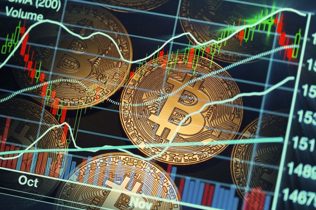 Bitcoins on a stock chart.