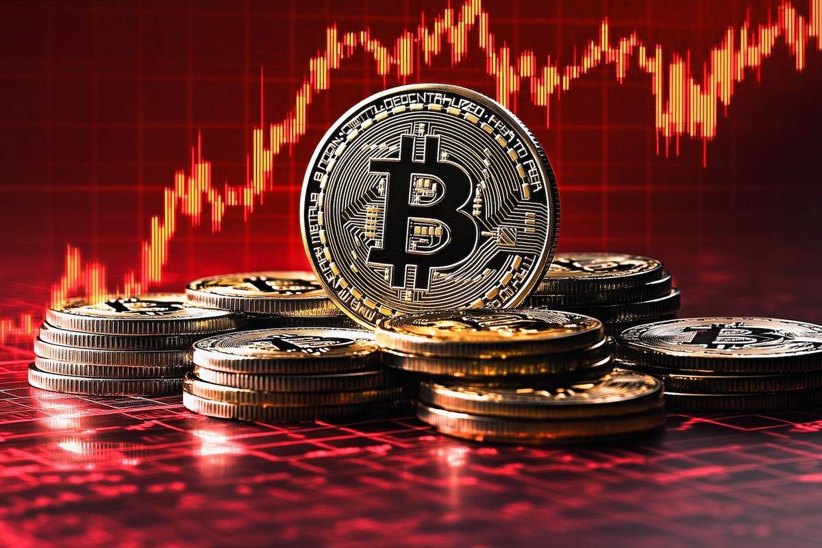 Bitcoins stacked with a rising price graph in the background.