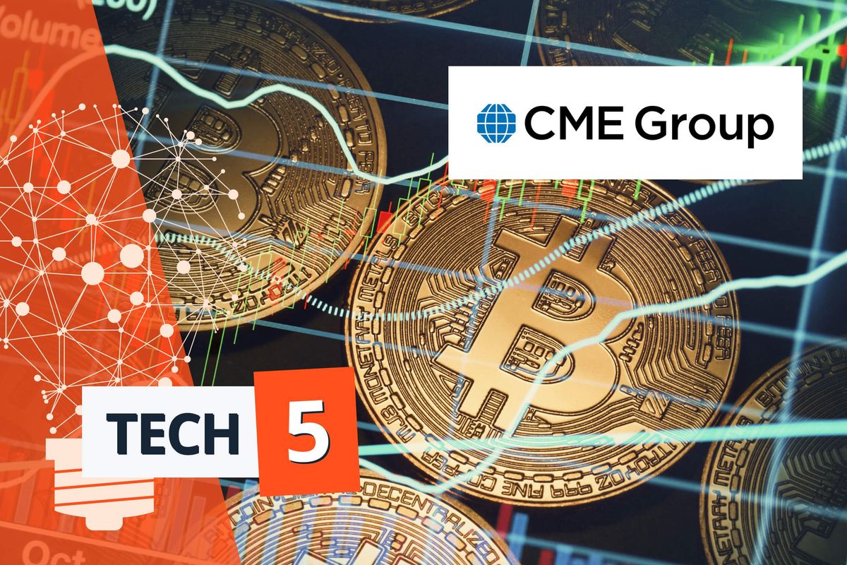 Bitcoins with CME Group logo.