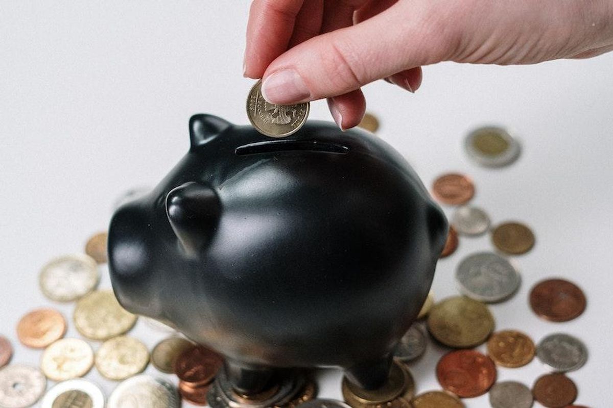 black piggy bank surrounded by coins