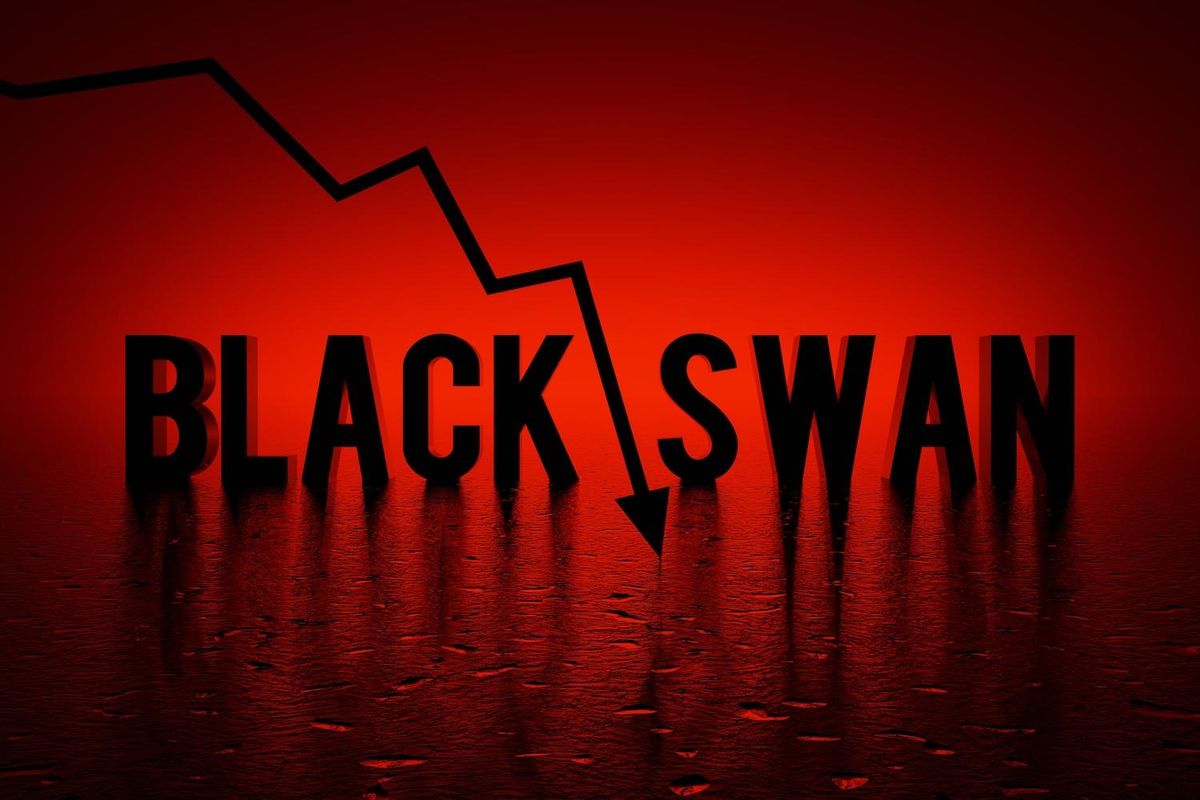 "Black swan" text with downward arrow on red background.