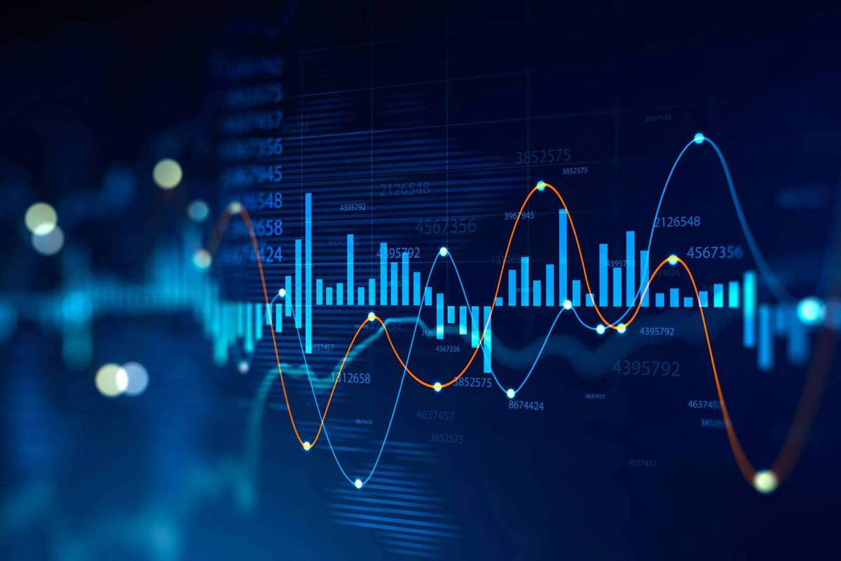 Blue and orange wave patterns overlap bar graphs and numeric data on a dark blue background; text reads: various numbers.
