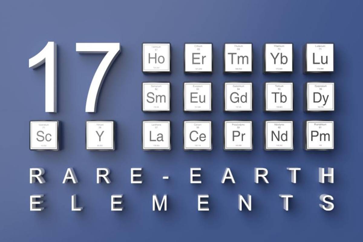 Blue background with white blocks displaying rare earth elements symbols, text reads: 17 Rare-Earth Elements.