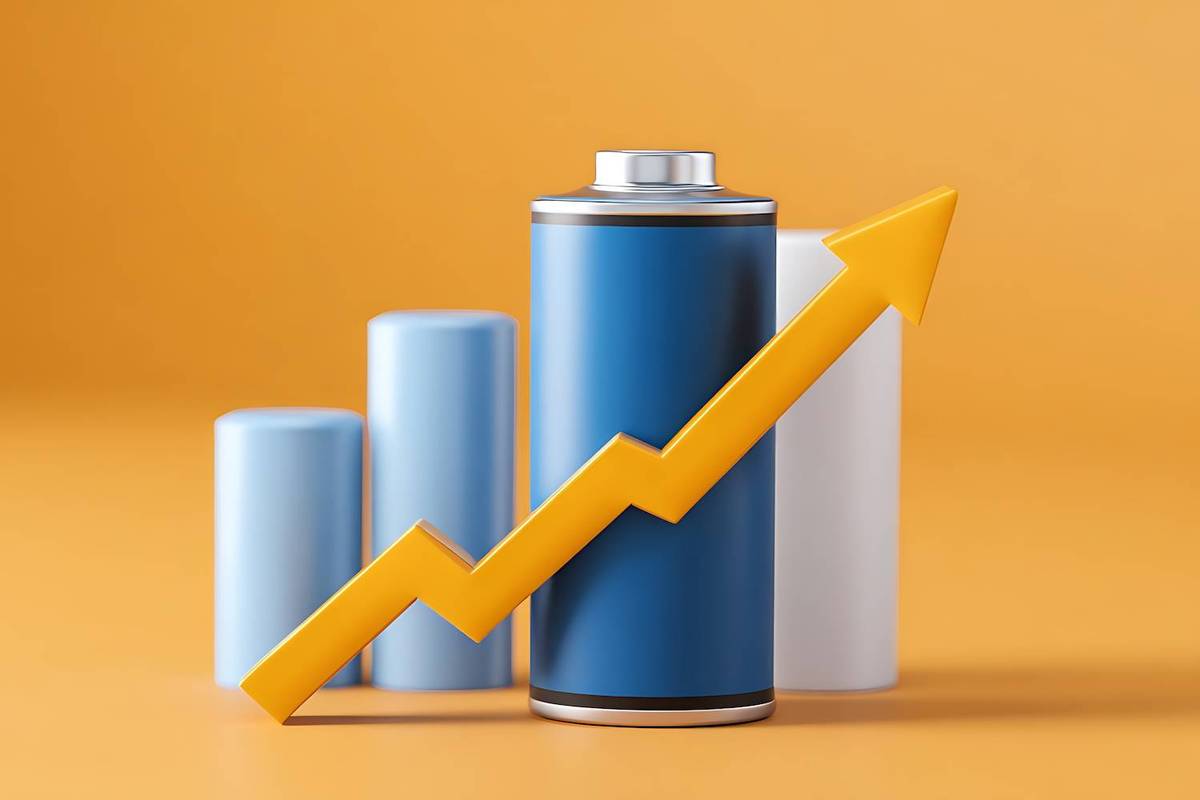Blue battery and three cylinders with a yellow upward arrow on an orange background.