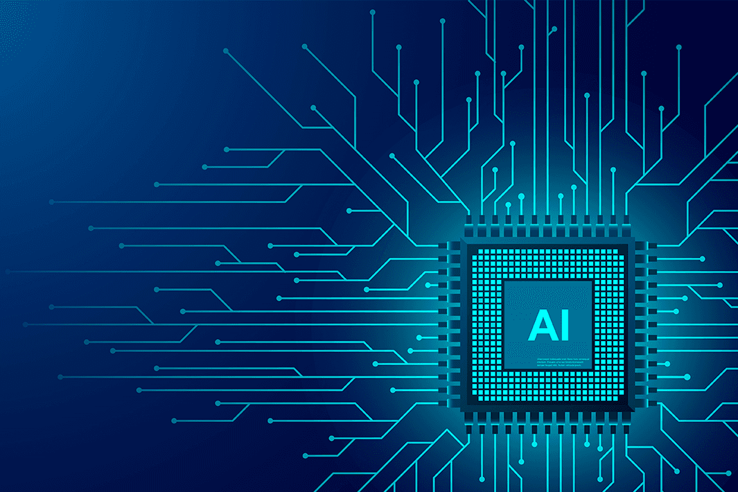 Blue circuit board pattern with a central microchip labeled "AI" on a gradient blue background.