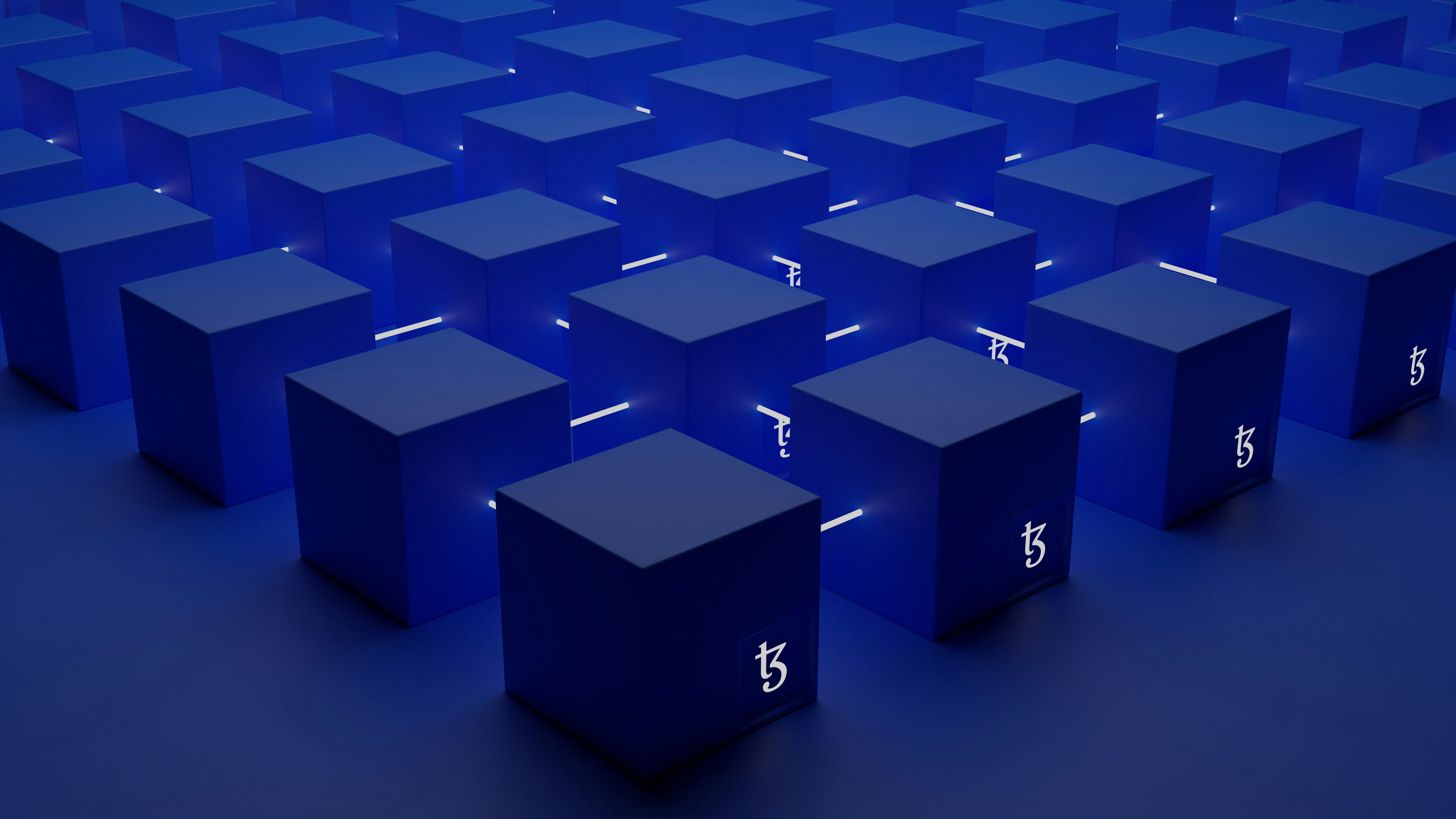Blue cubes with illuminated edges and symbols, arranged in a geometric pattern.