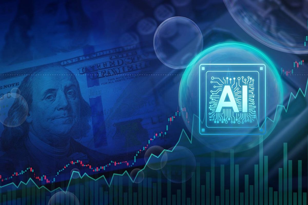 Blue digital collage with circuit board AI symbol over currency and stock market charts.