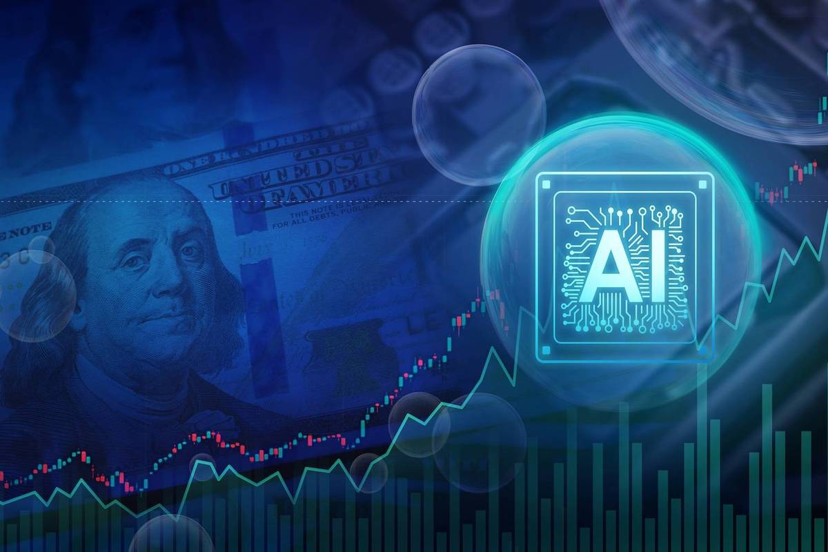 Blue digital collage with circuit board AI symbol over currency and stock market charts.
