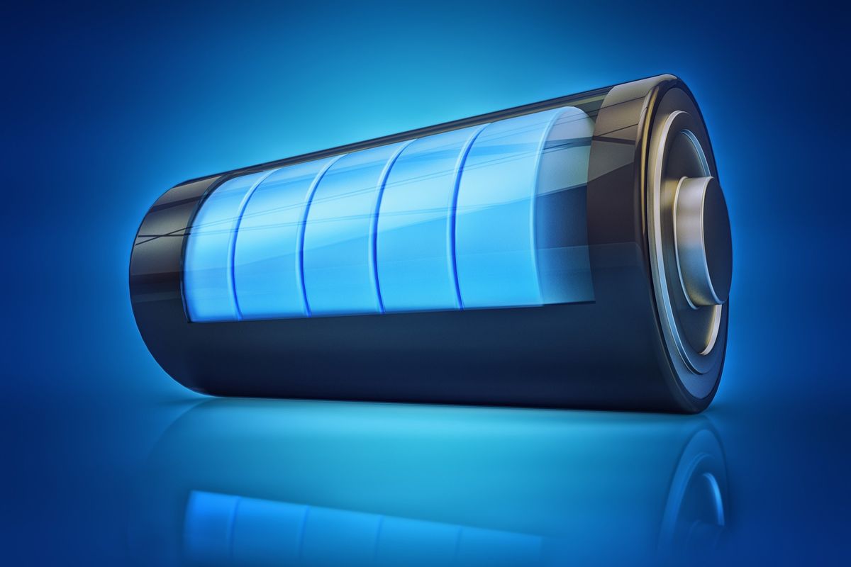 Blue lithium-ion battery over shiny surface.