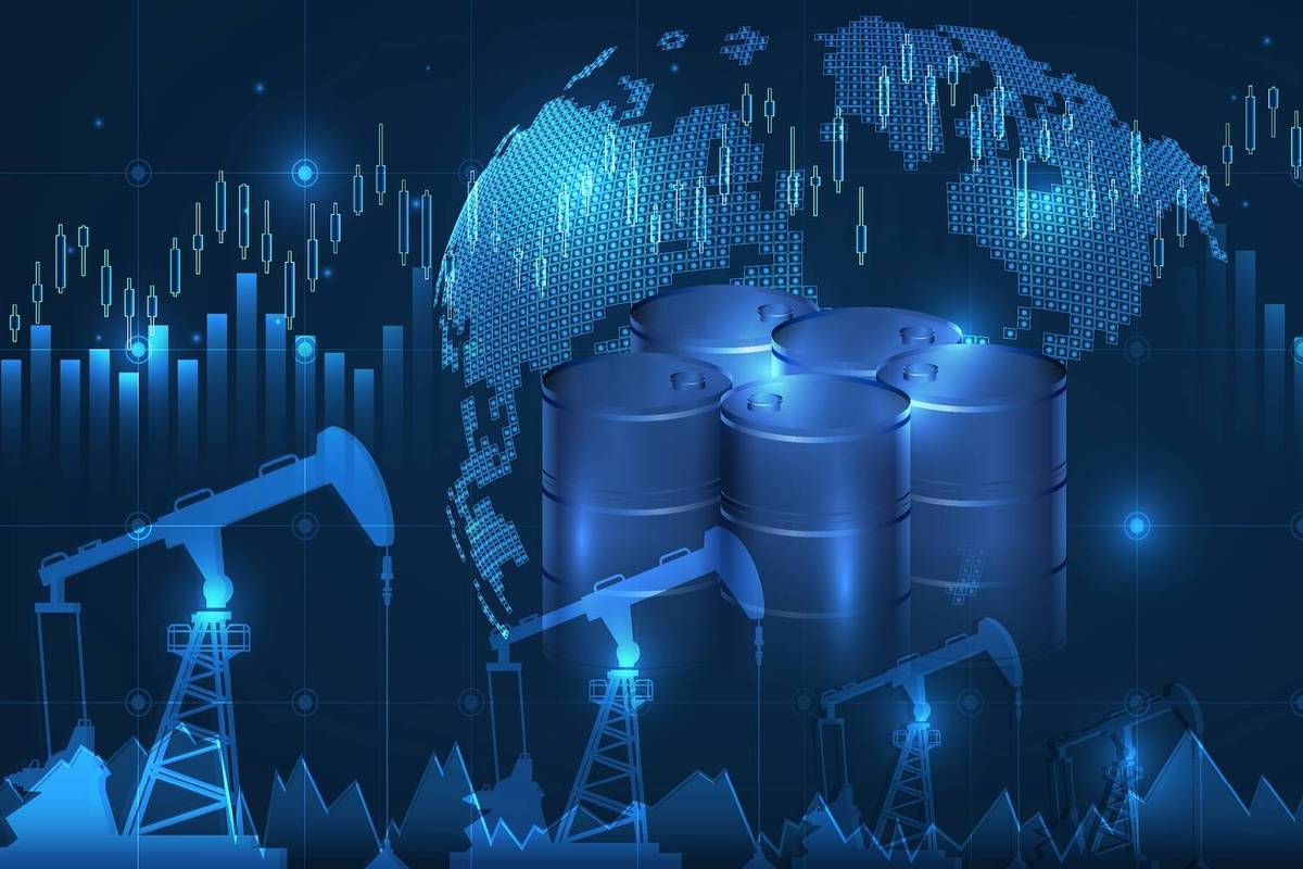 Blue oil barrels and pumpjacks over a digital world map with financial graph lines in the background.