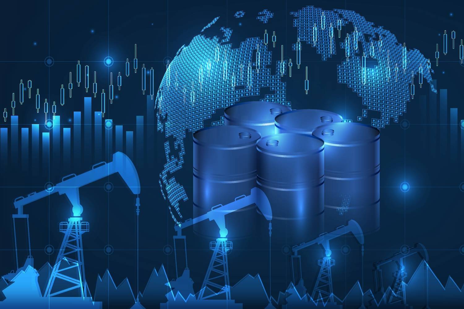 Blue oil barrels and pumpjacks over a digital world map with financial graph lines in the background.