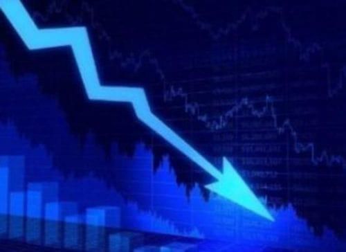 blue stock chart with large diagonal arrow pointing down