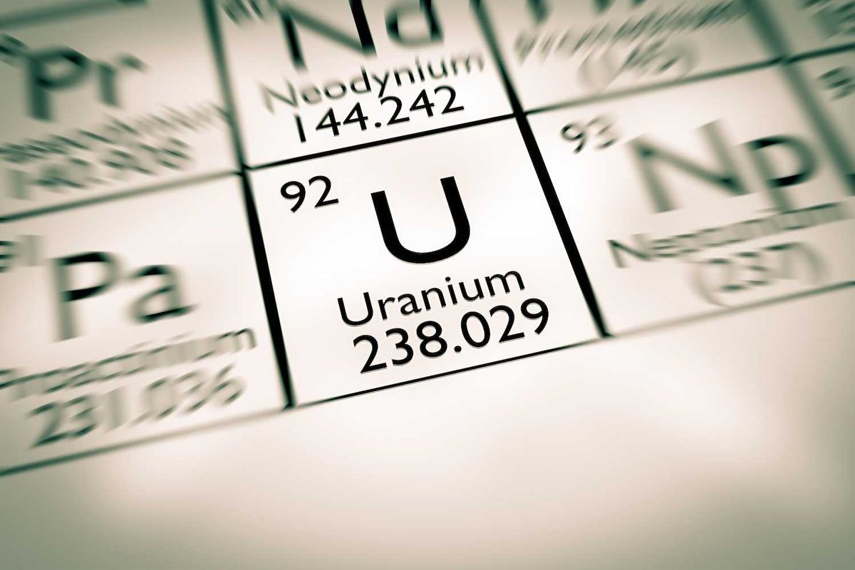 Blurry periodic table focus on uranium, element 92, with atomic mass 238.029.