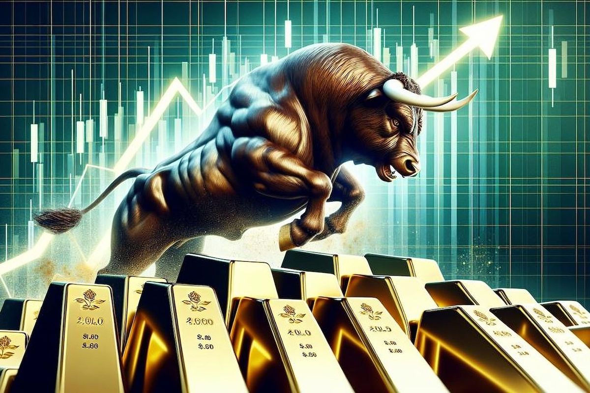 Bull jumping over gold bars.