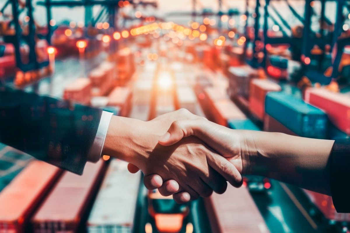 Business people shaking hands in front of port with shipping containers and semi-trucks.