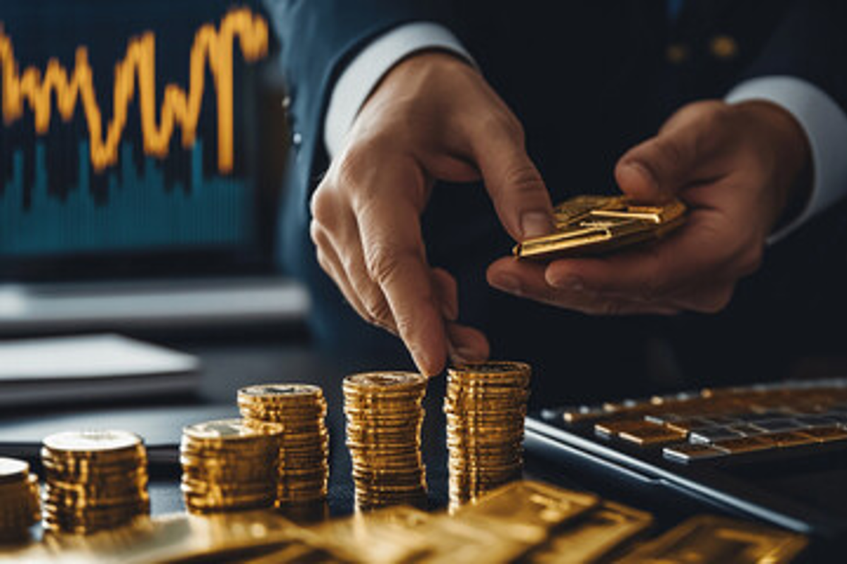 Businessman counting gold bars and coins.