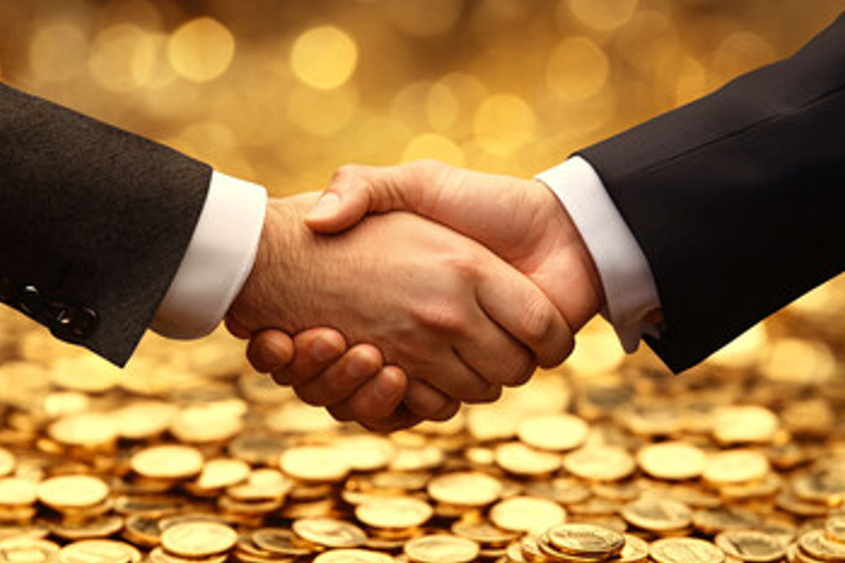 Businessmen shaking hands over a pile of gold coins.