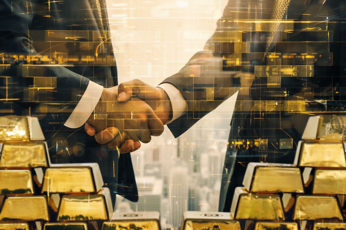 Businessmen shaking hands with gold bars superimposed.