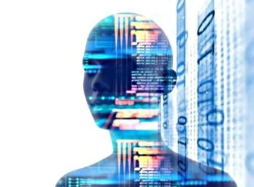 bust of a person covered in digital imagery with binary code running next to it