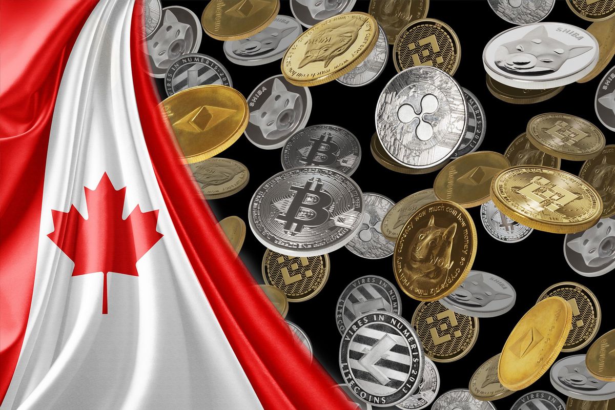 Canada flag and various crypto coins, including Bitcoin, Ether and XRP.