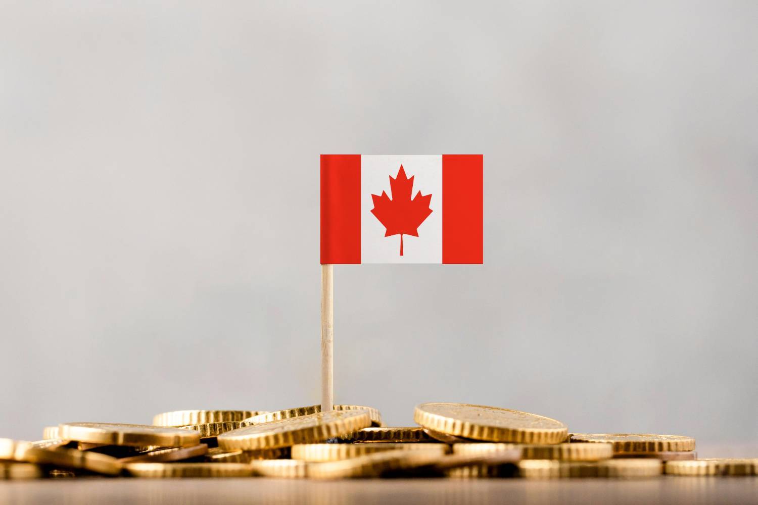 Canada flag on top of pile of gold coins.