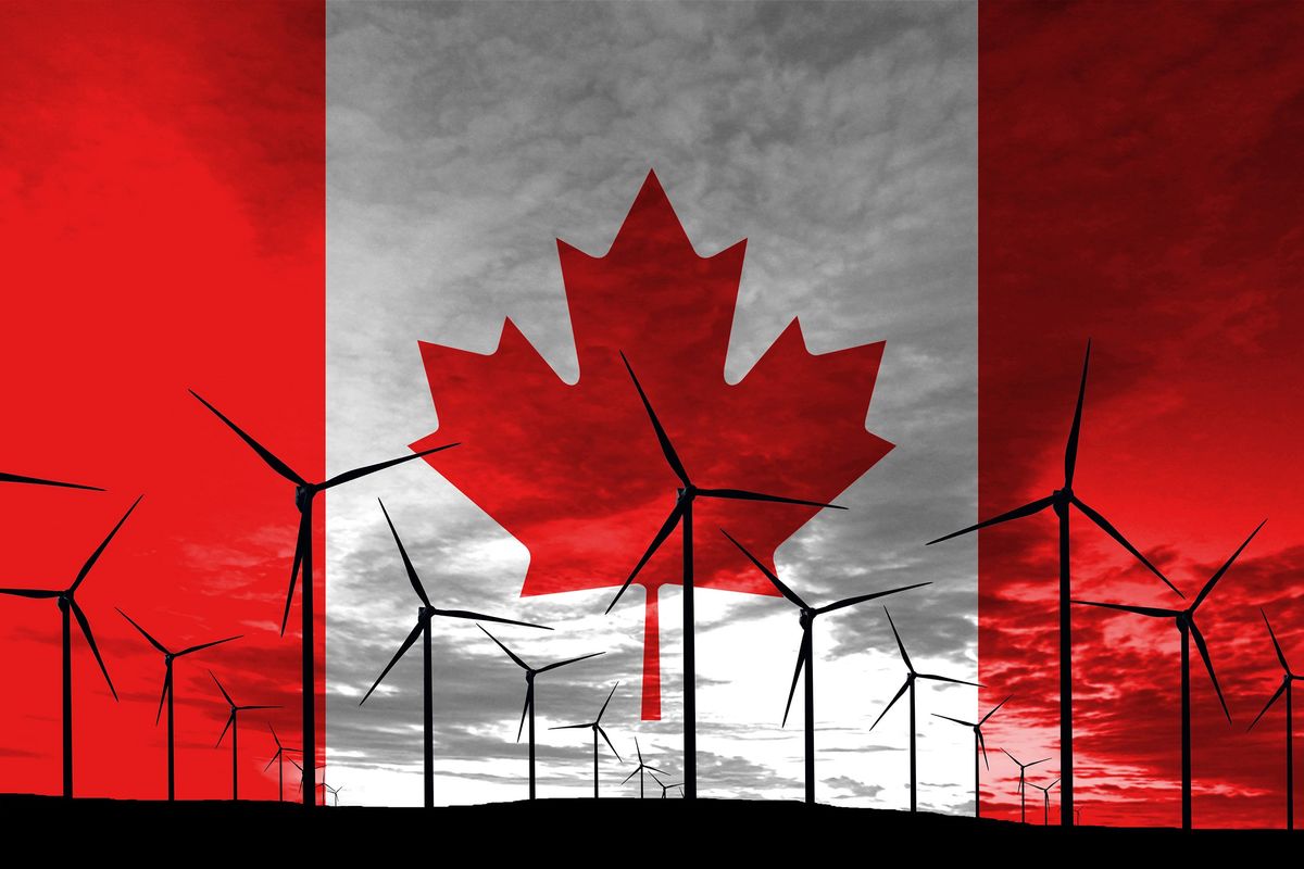 canada flag over a field of windmills